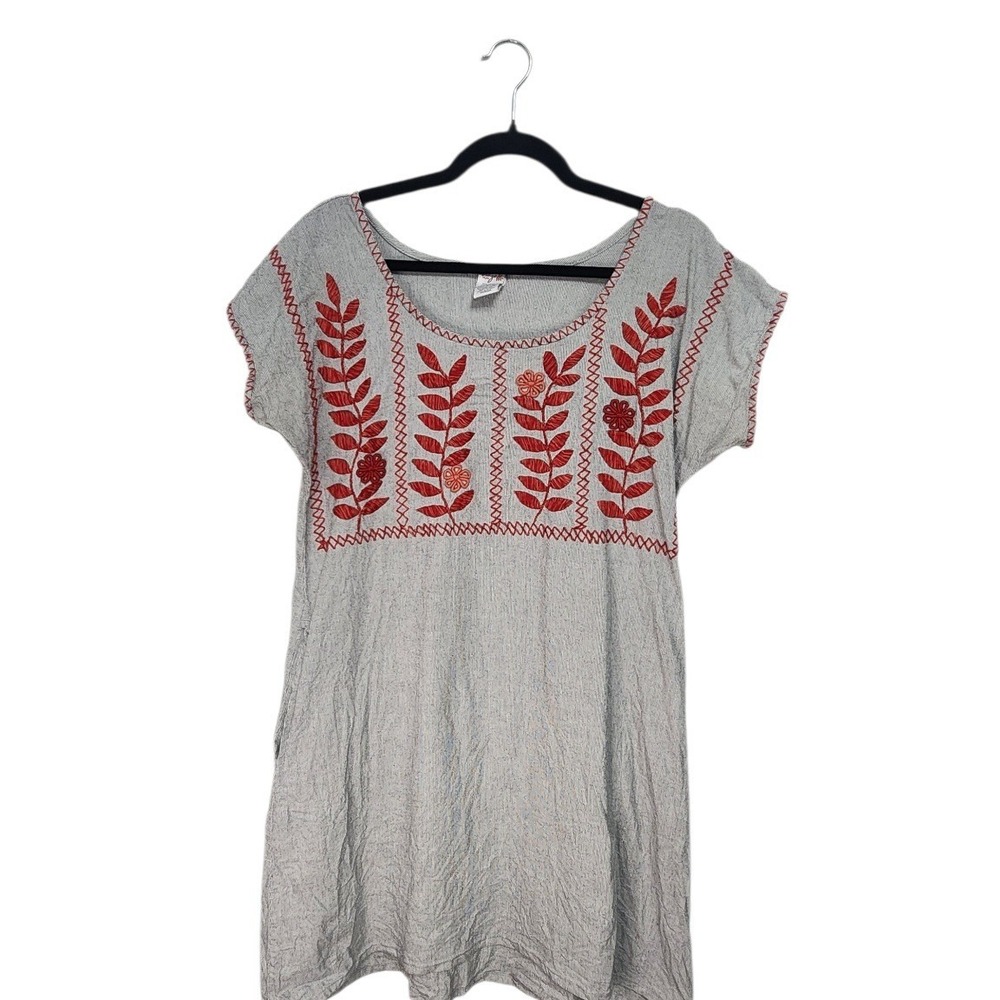 Abrazo Style Embroidered Tunic Dress Womens Medium Grey Red Good